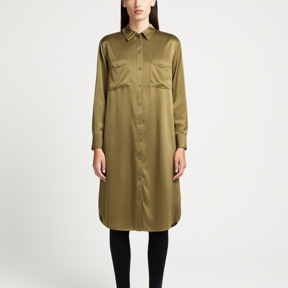 H&M Olive Green‎ Satin Button Down Shirt Dress Long Sleeve Pockets M Fairy 86-23
